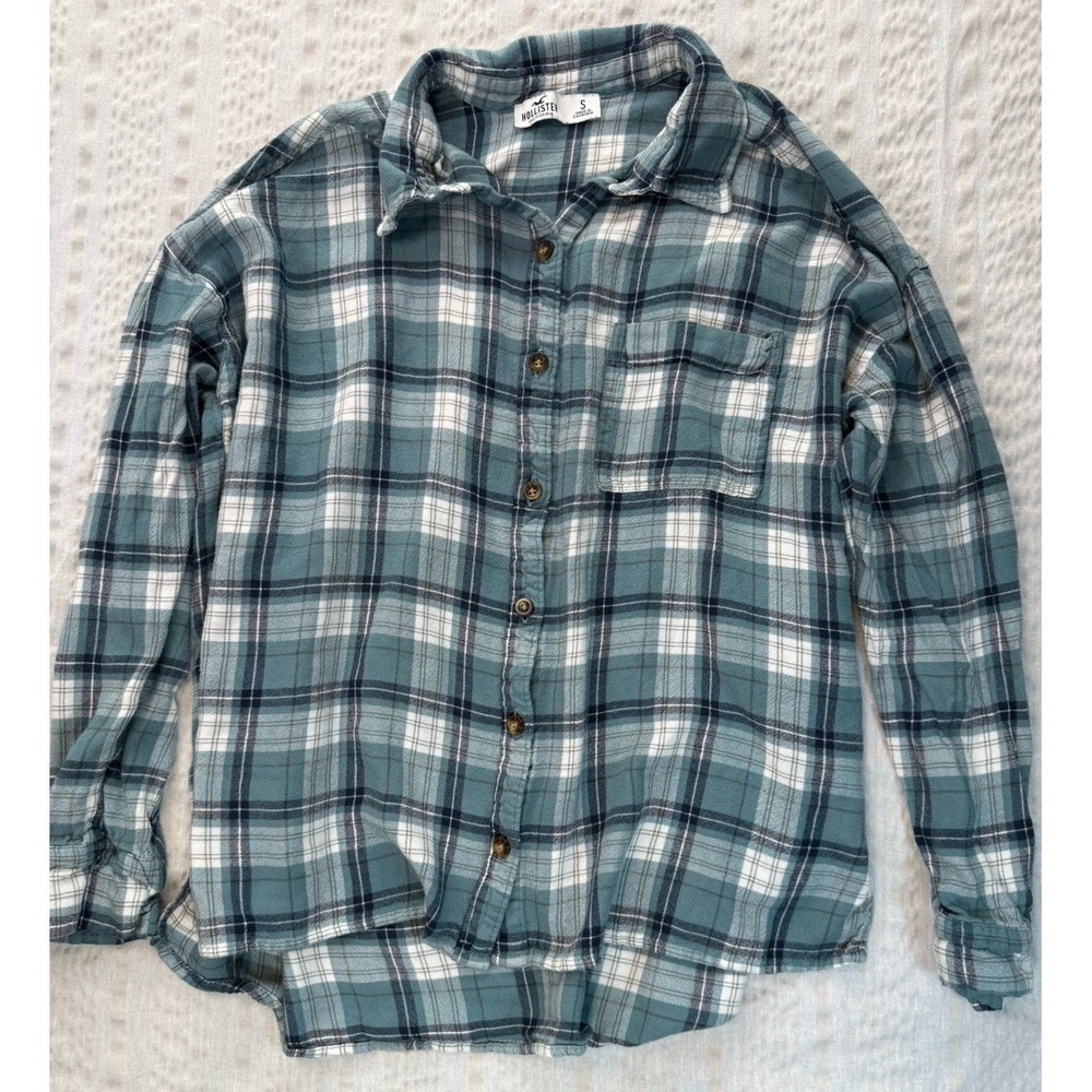 Hollister Plaid‎ Flannel Shirt Women Small Teal Button Front
